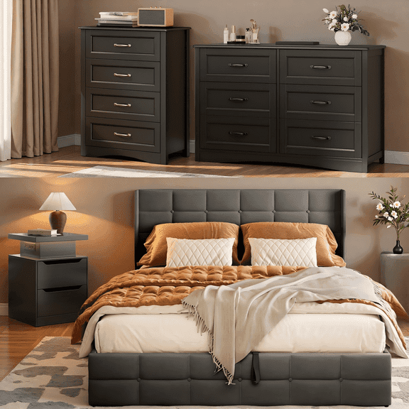Bedroom Set - Includes Lift Up Storage Full Size Bed Frame (Dark Gray), Nightstand with Charging Station, 4-Drawer Dresser & Double Wide 6-Drawer Dresser - Modern Storage Solution for Stylish Home