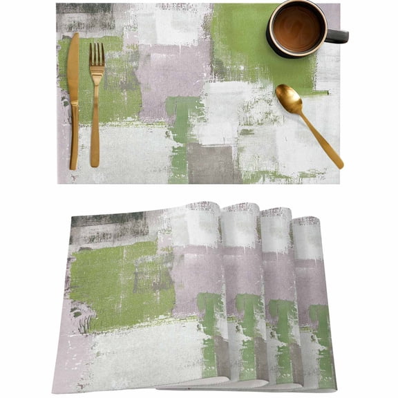 Green Color Block Gray Gradient Placemats Set of 4,Wipeable Washable Table Mats for Dining Tables,Retro Oil Painting Style Place Mats for Kitchen Event Party Tabletop Decor