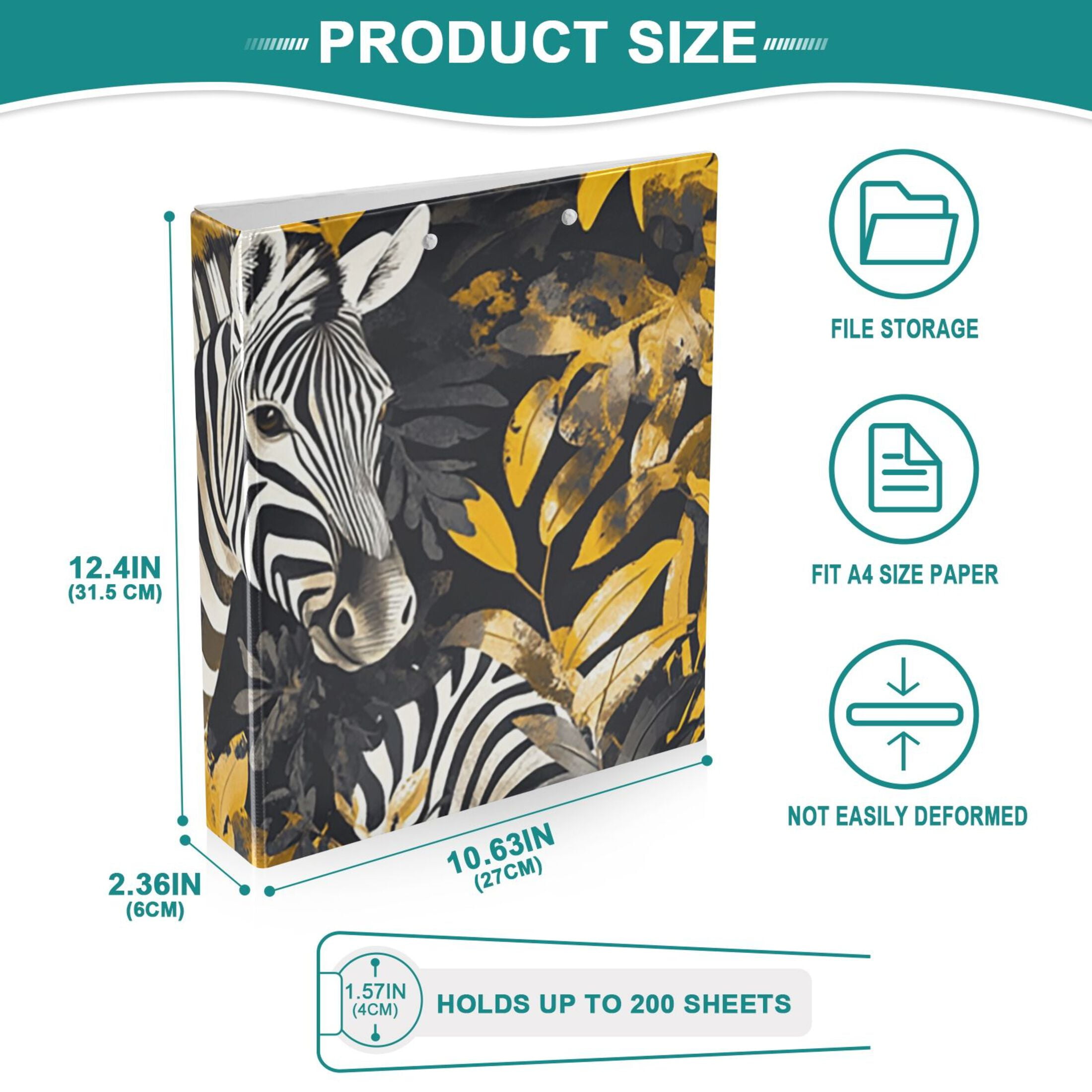Zebras Leaves 3 Ring Binders 1.5 inch Hardcover File Folders with Interior Pockets A4 Size Organizer for School Office Hospital