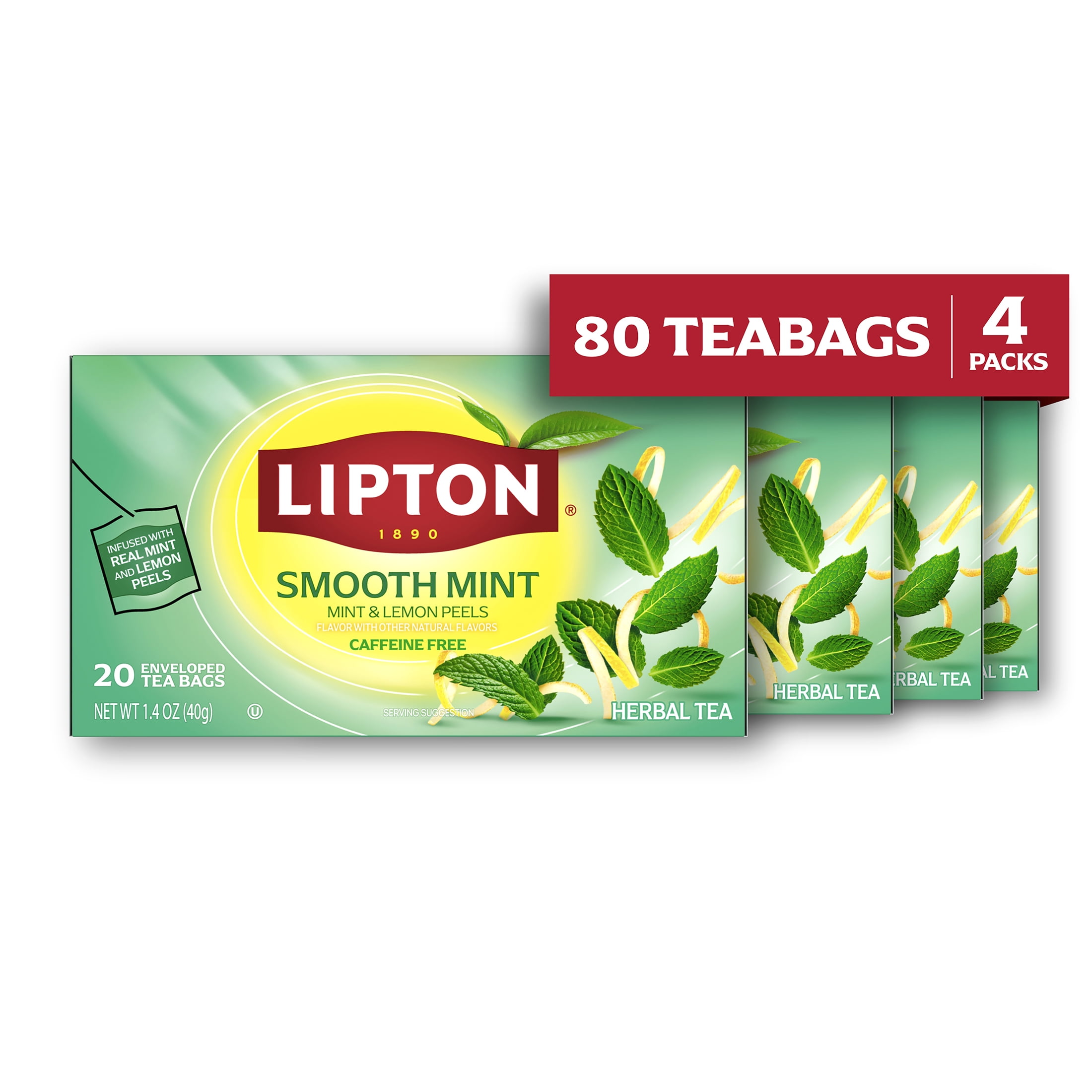 Lipton Smooth Mint Tea Bags, Fruit & Herbal Tea, Caffeine Free, 20 count, pack of 4, Size: 20 bags