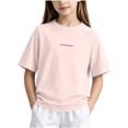 thumbnail image 1 of FRSASU Childrens T-Shirt Summer Round Neck Drop Shoulder Short Sleeve Tee Label Letter Casual Loose Basic Tee Pink, 1 of 5