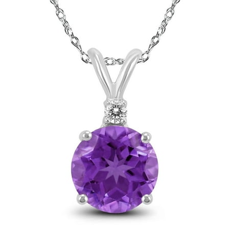 Genuine Amethyst 925 Silver Pendant - Genuine 1.25 Carat Natural 7mm Round Shaped Amethyst with White Topaz Necklace In 925 Sterling Silver