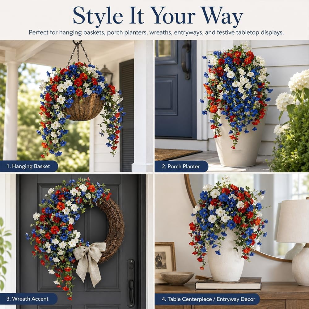 4th Of July Decoration Tricolor Patriotic Artificial Flower - Red White Blue UV Resistant Realistic Artificial Fake Hanging Silk Flowers for Memorial Day Independence Day (2Pcs With Solar LED lights)