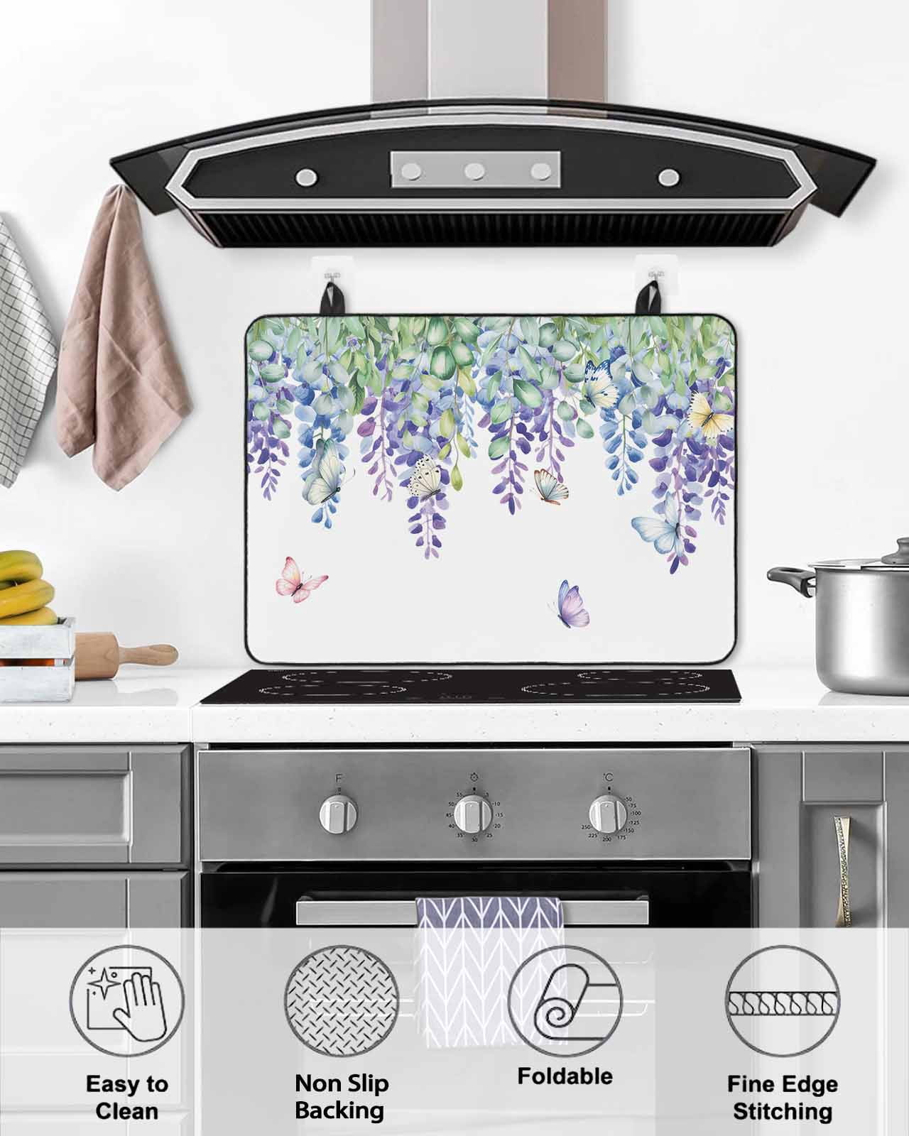 Large Induction Cooktop Protector Mat Wisteria Stove Top Covers for Electric Stove, Purple Flowers Leaves Butterflies Botanical Spring Decorative Stove Burner Cover Mats, Glass Top Stove Cover