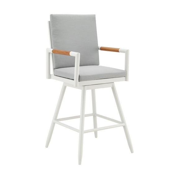Crown Outdoor Patio Swivel Counter Stool in White Aluminum with Wood Accent and Light Gray Cushions