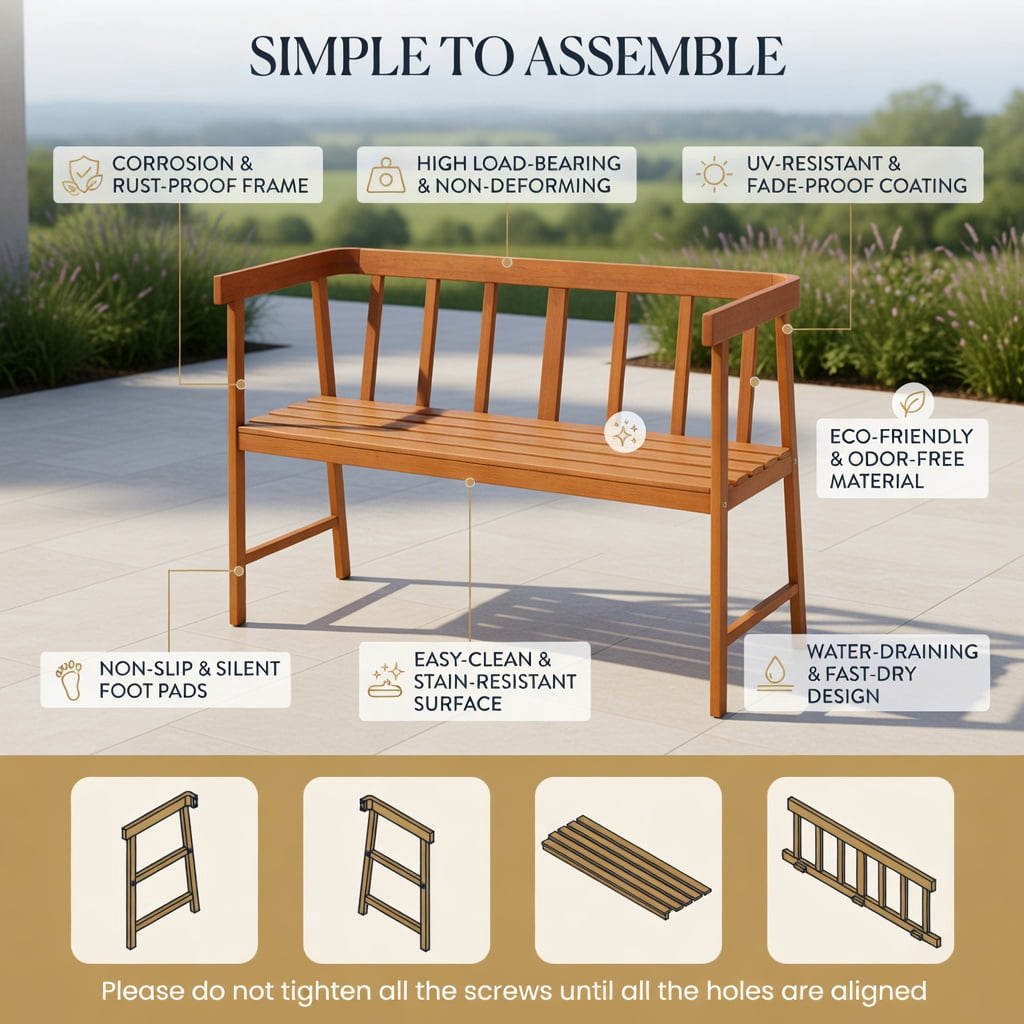 Hommoo Eucalyptus Wood Outdoor Bench with Backrest & Armrests, 2-Person Garden Patio Bench, Natural