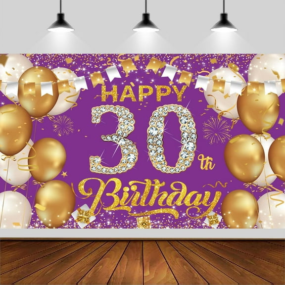 Purple Gold 30th Happy Birthday Backdrop,Pink Gold Happy Birthday Photography Background Banner for Birthday Party Backdrop