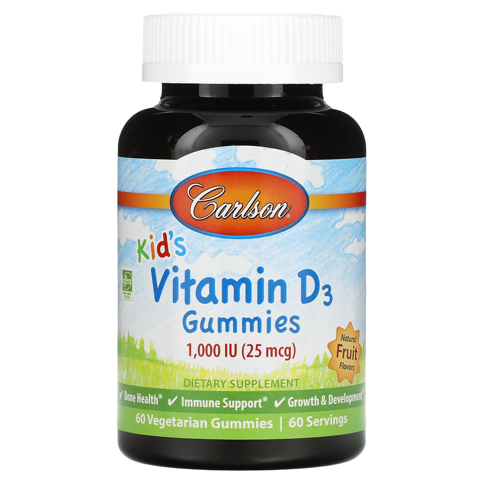 Kid's, Vitamin D3 Gummies, Natural Fruit, 25 mcg (1,000 IU), 60 Vegetarian Gummies, Carlson