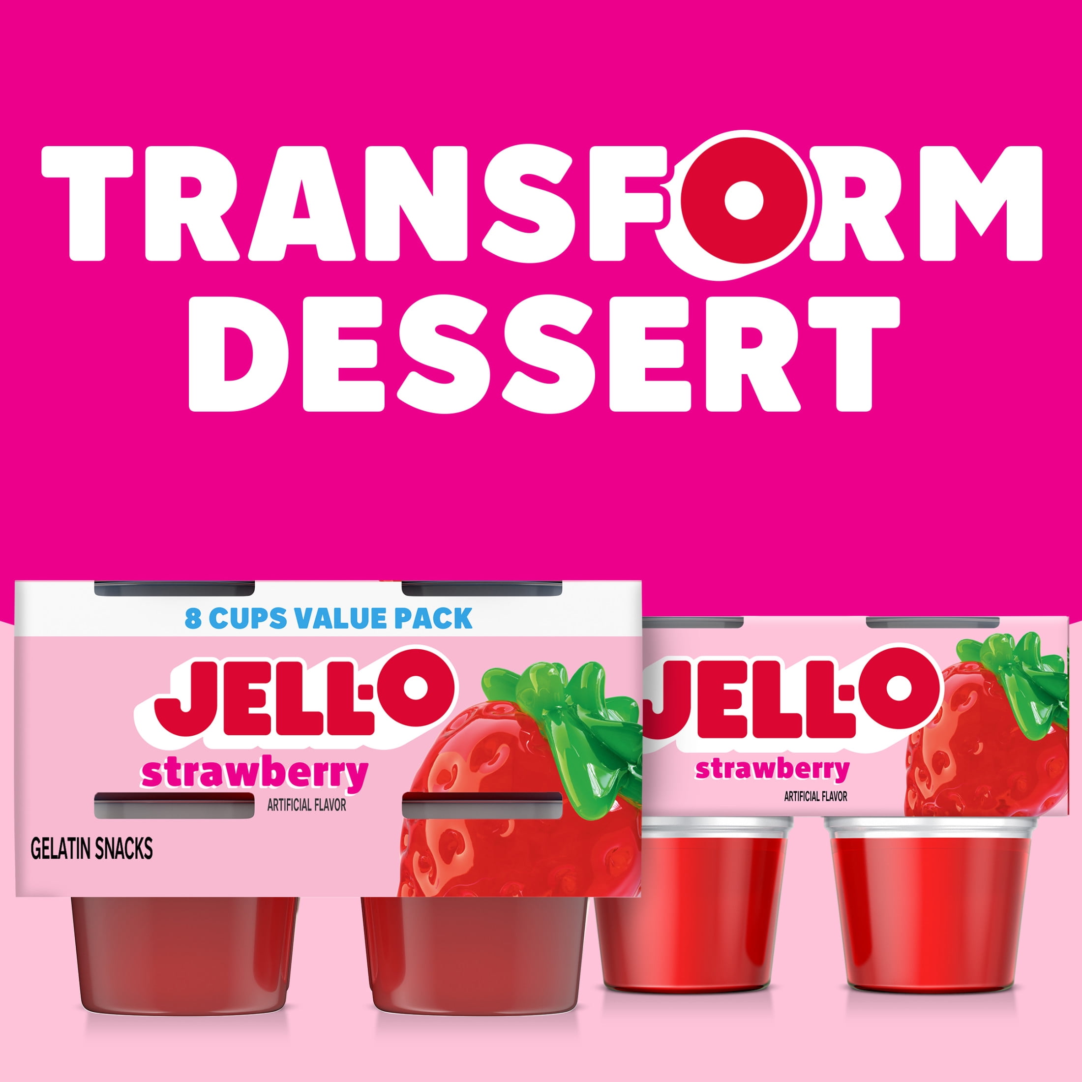Jell-O Original Strawberry Artificially Flavored Ready-to-Eat Snack Cups Gelatin Value Pack, 8 ct Cups