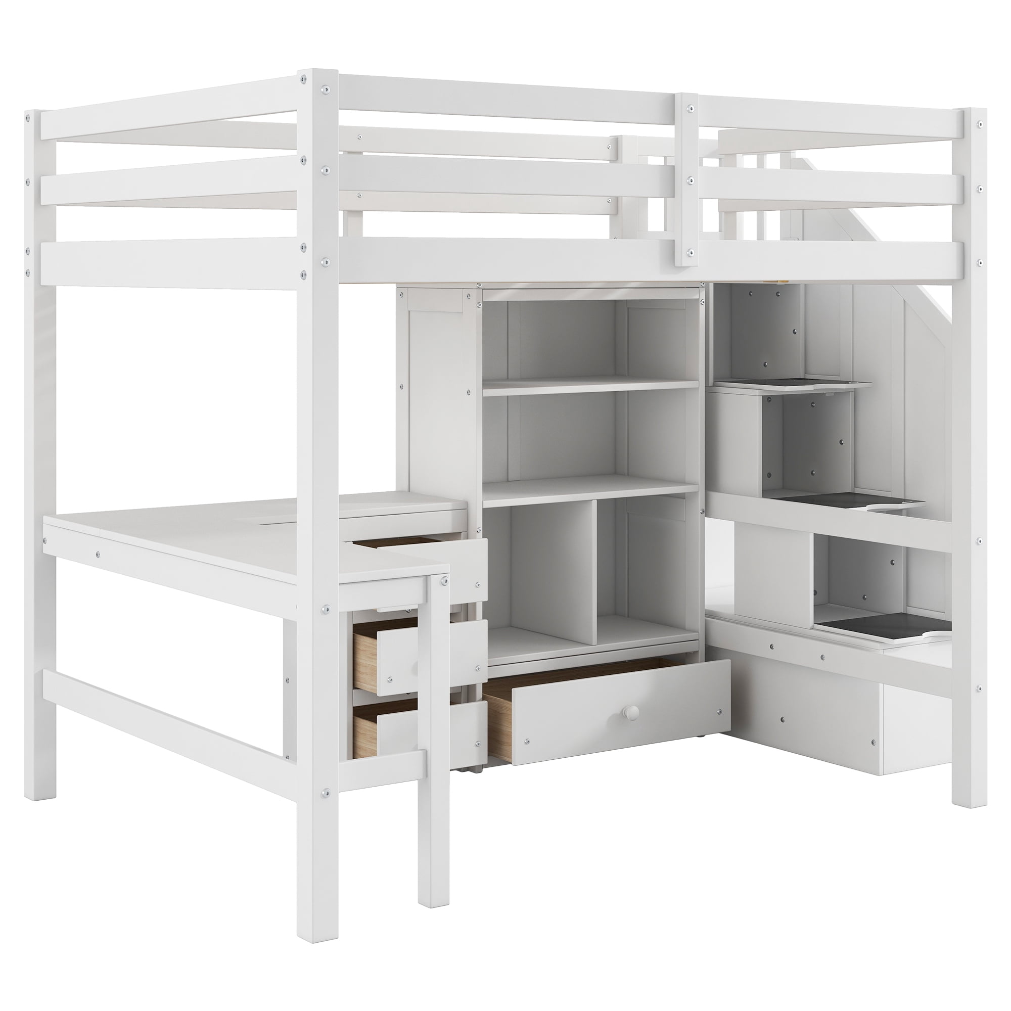Euroco Full Size Pine Wood Loft Bed with Desk and Cabinets for Kids Room, Storage Staircase Shelf, White