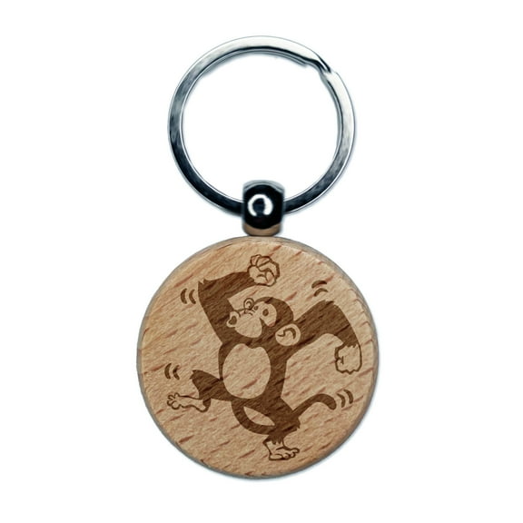 Fun Dancing Monkey Round Keychain Charm Tag - Engraved Wood