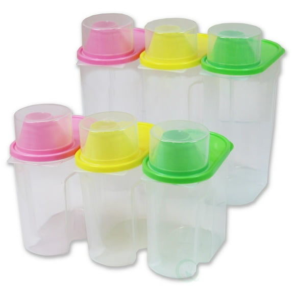 Basicwise BPA -Free Plastic Food Saver, Kitchen Food Cereal Storage Containers with Graduated Cap, Set of 3 Large & 3 Small, Large & Small, Pink, Green, and Yellow, QI003216.6
