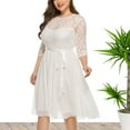 thumbnail image 4 of Wedding Guest Dresses for Women Elegant Floral Lace Crewneck 3/4 Sleeves Gown Dress Formal Knee Length A Line Dress, 4 of 7