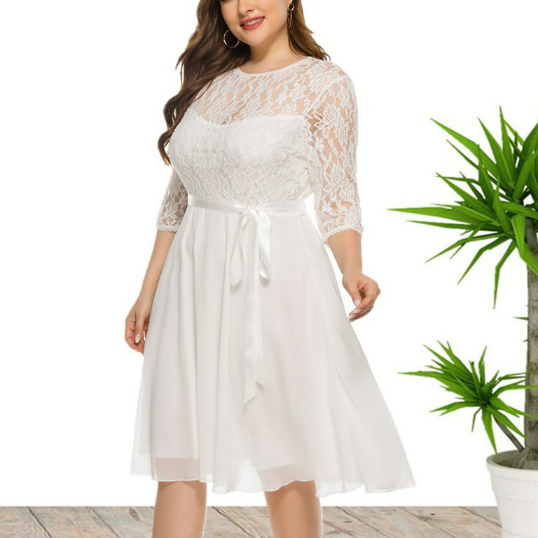 Womens Plus Size Formal Wedding Guest Dress Elegant 3/4 Sleeve Lace Floral  Crewneck Short Wedding Bridesmaid Gowns