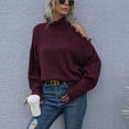 thumbnail image 3 of Woman Pullover Sweater High Neck Loose Hem Left Side Cold Shoulder Warm Keeping Female Sweater Wine Red M, 3 of 8