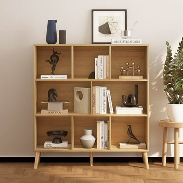 NewBeth Wooden 8 Cube Book Shelf with Legs,3 Tier Freestanding Horizontal Bookshelf, Open Bookcase Cube Shelf Storage Organizer for Bedroom, Living Room, Office, Study Room, Natural Oak