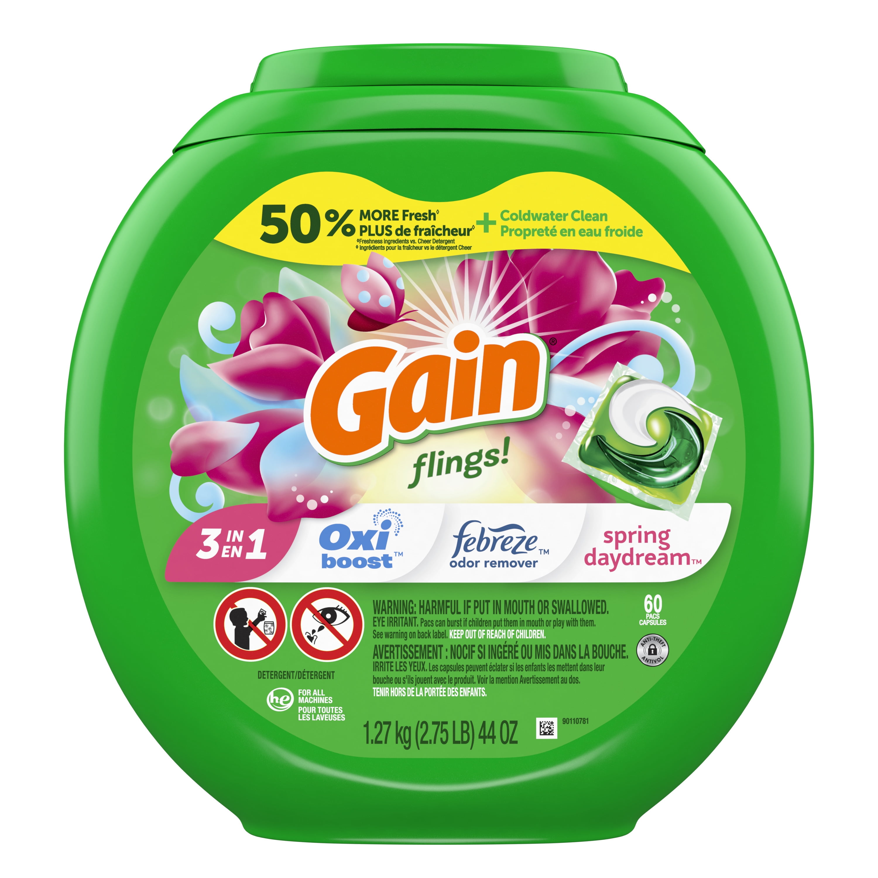 Gain Flings Liquid Laundry Detergent Pacs, Spring Daydream Scent, 60 Ct