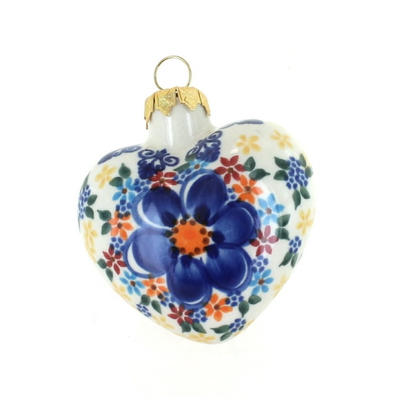 Blue Rose Polish Pottery Blue Dahlia Heart Ornament