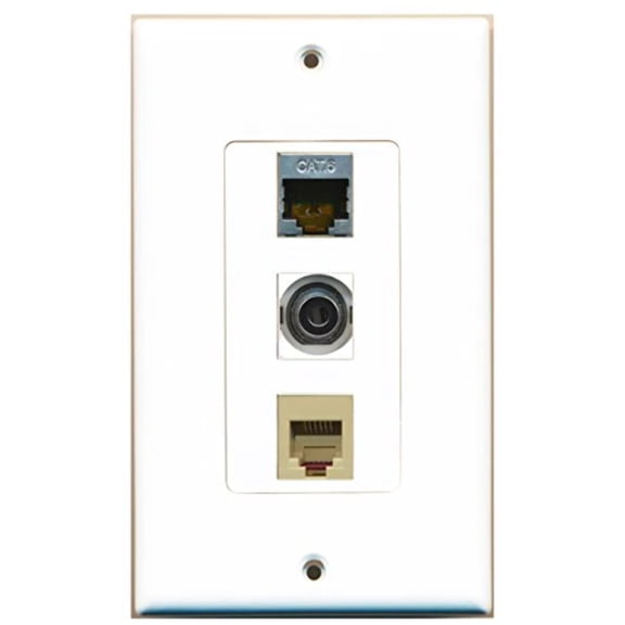 RiteAV - 1 Port Phone RJ11 RJ12 Beige and 1 Port Shielded Cat6 Ethernet and 1 Port 3.5mm Decorative Wall Plate Decorative