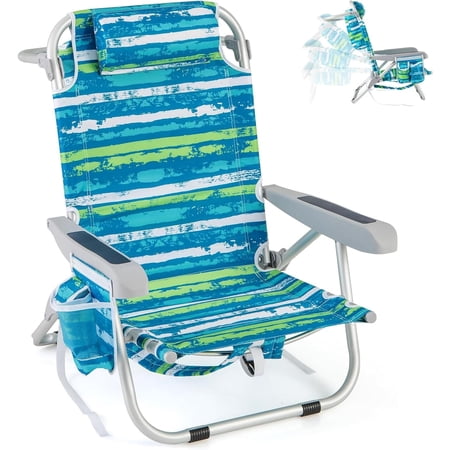 COSTWAY Backpack Beach Chair Foldable Camping Chair with 5 Adjustable Position Cup Holder Storage Pockets Straps Towel Rack Pillow for Patio Outdoor (Blue and Green Stripe 1)