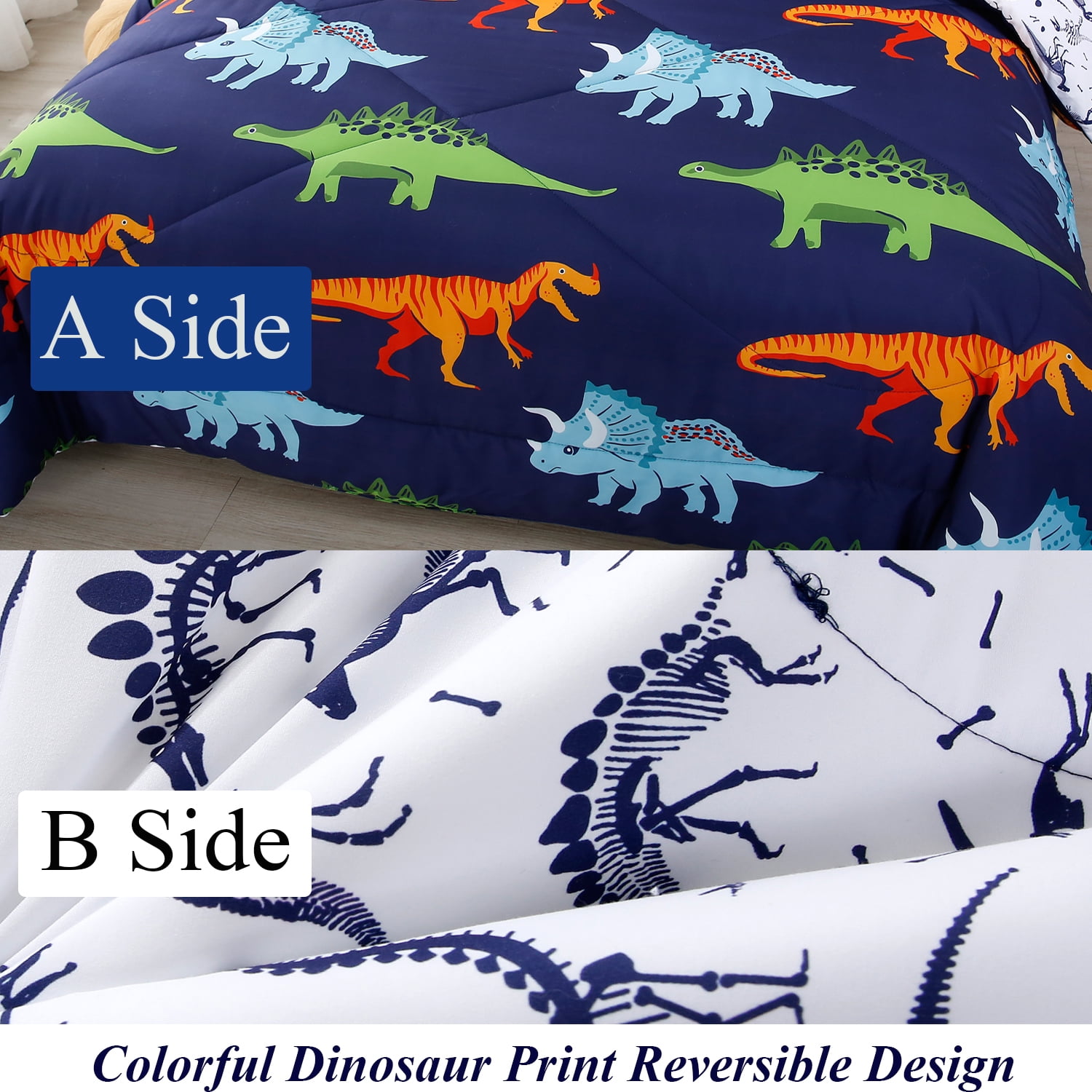 URBONUR 3 Pcs Dinosaur Twin Size Bedding Sets for Boys, Dinosaur Printing Boys Comforter Set, Blue and White Reversible Bed Comforter Set for Kids/Toddlers/Teens
