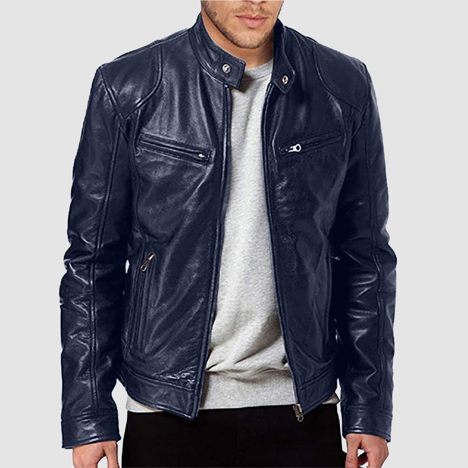 NOLDARES Mens Leather Jackets Casual Leather Motorcycle Jacket Biker Vintage Outwear(Blue,XL)