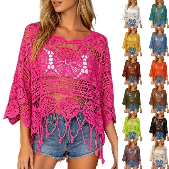 Women's Plain Fringe Trim Cut Out Sheer Cover Up Boho Scallop Trim 3/4 Sleeve Round Neck Crochet Cover Up Tops Beach Vacation