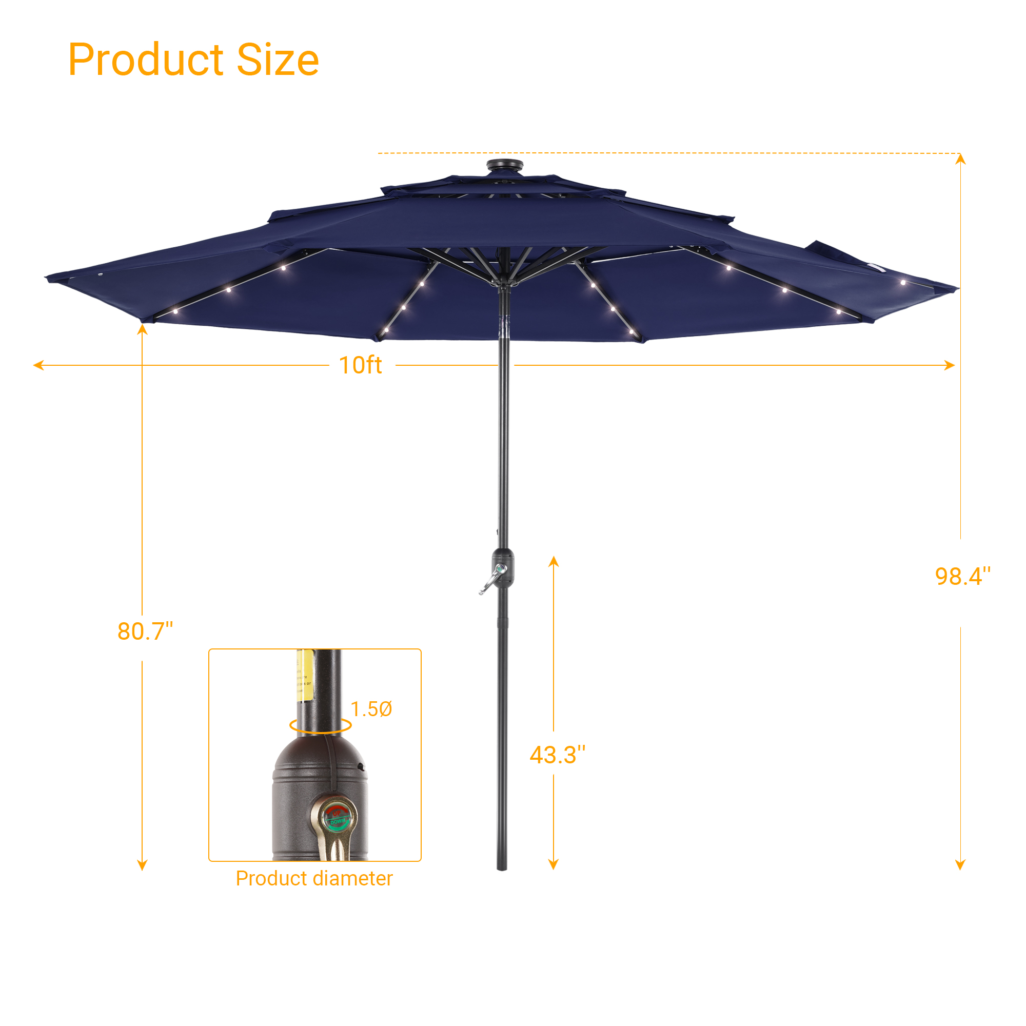 ACEGOSES 10ft LED 3 Tiers Patio Market Umbrella Outdoor with Ventilation for Garden, Deck and Pool,Navy Blue