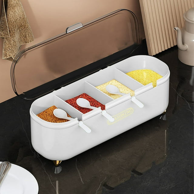 Tarro de especias de 4 compartimentos con cucharas • Recipiente de almacenamiento de condimentos ABS • Dispensador de condimento de 4 cucharadas • Verde Blanco Amarillo