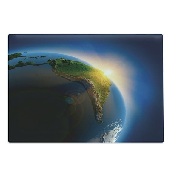 World Cutting Board, Early Morning in South America Continent Rising Sun Day's Cycle Theme, Decorative Tempered Glass Cutting and Serving Board, Large Size, Blue Green Earth Yellow, by Ambesonne