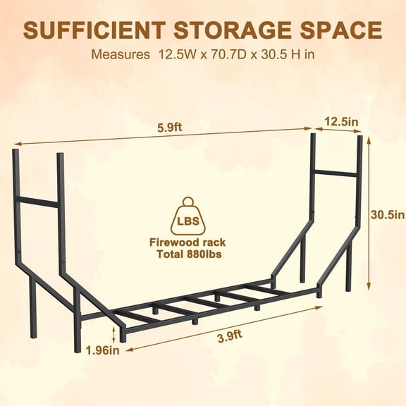 5.9ft Firewood Rack Holder, Outdoor Indoor Heavy Duty Metal Wood Stand, Adjustable Stacker Fireplace Lumber Organizer, Bottom Widening for Deck  Logs Storage Carrier Tool, Black