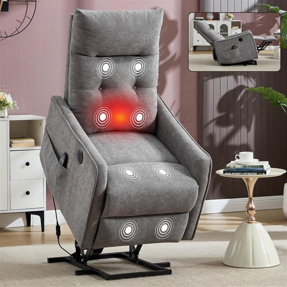 Spaco Light Grey Chenille Power Lift Recliner for Elderly - Single Motor Massage & Heat, USB Port & 155° Recline