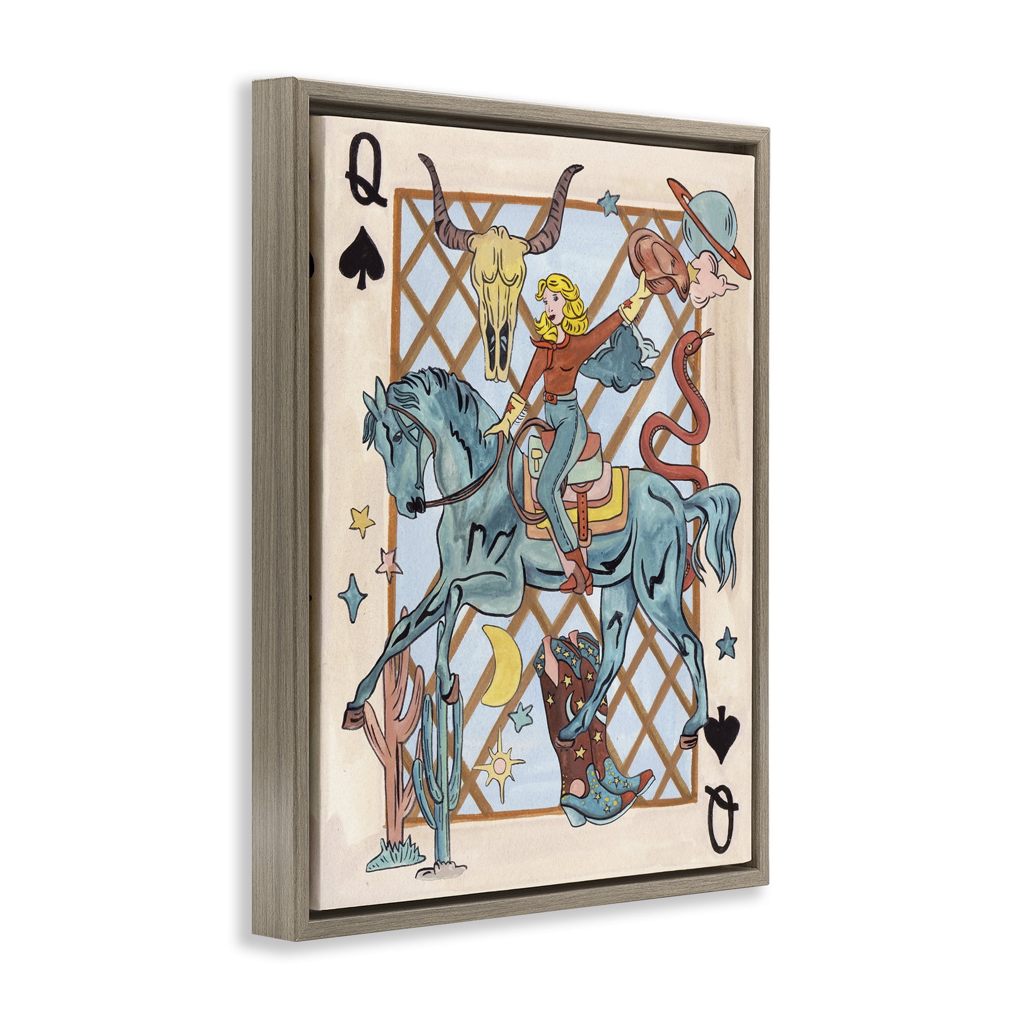 Stupell Industries Cowgirl Queen of Hearts Entertainment Painting Brown Floater Framed Canvas Art Print Wall Art, 25 x 31