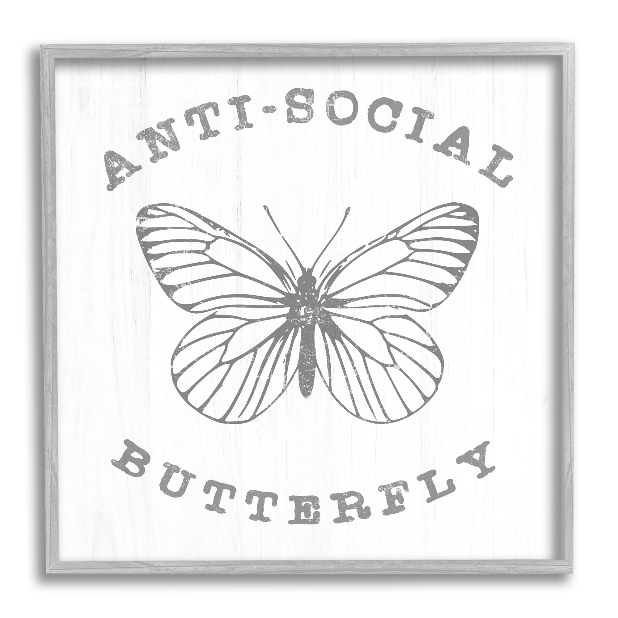 Stupell Industries Antisocial Butterfly Insect Outline Vintage Weathered Design Graphic Art Gray Framed Art Print Wall Art, Design by Daphne Polselli