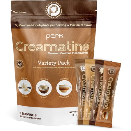 Perk Creamatine (Variety Pack) 8 Stick Packs - Flavored Creatine Monohydrate, 5g of Creatine per Serving, Naturally Sweetened, Zero Sugar, Gluten-Free, Soy-Free