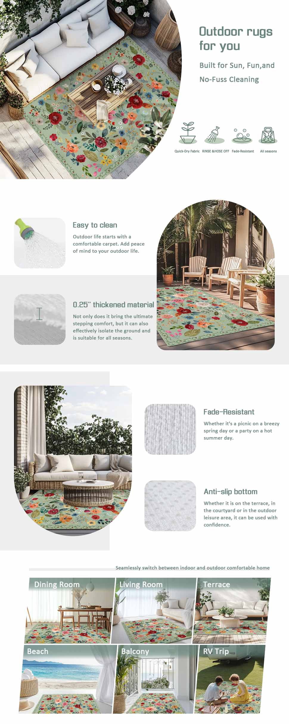 Sage Green Floral Outdoor Rug for Patio/Deck/Porch, Non-Slip Large Area Rug 3 x 5 Ft, Spring Flowers Leaves Farmhouse Indoor Outdoor Rugs Washable Area Rugs, Reversible Camping Rug Carpet Runner