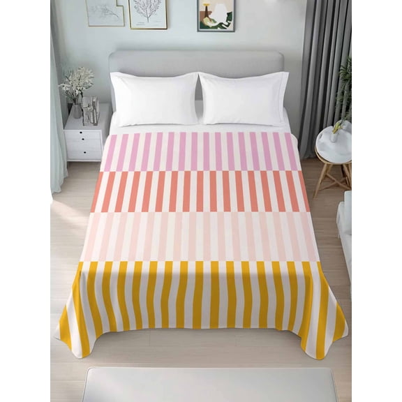Colorful Stripe King Size Flat Sheet, Wrinkleproof & Fadeproof Cooling Flat Bed Sheet Only, Modern Pink Red Yellow Vertical Striped Breathable Soft Bedding Top Sheets 105 x 98 Inches