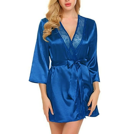 

YMH Women Solid Color Sexy V Neck 3/4 Sleeve Lace Stitching Belt Loose Nightgown