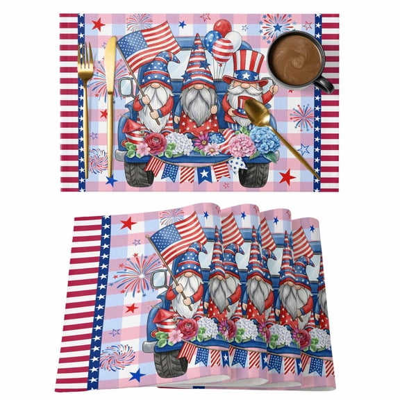 4th of July Placemats Set of 6 Independence Day Blue Red Plaid Gnomes Place Mats Indoor Wipeable Table Mats Washable Cloth Dining Table Placemats for Kitchen Holiday Party Home Decor 13x19 Inch