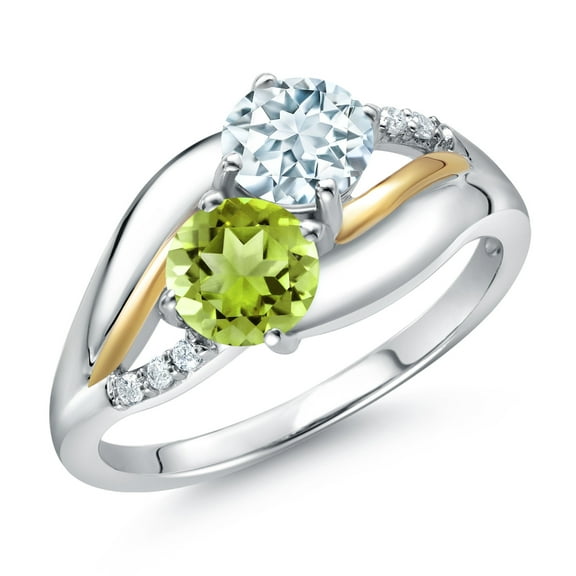 Gem Stone King 925 Sterling Silver and 10K Yellow Gold Green Peridot Sky Blue Aquamarine and Lab Grown Diamond 2 Stone Engagement Ring for Women (1.09 Cttw, Round, August Birthstone, Size 5)