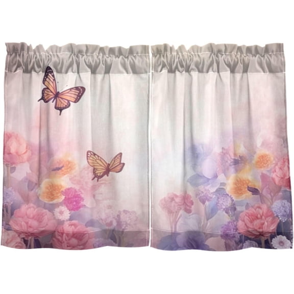 FREEAMG 24 Inch Length Kitchen Curtains Watercolor Flower Butterfly 2 Panels Half Window Sheer Curtains Rod Pocket Farmhouse Short Drapes for Bathroom Cafe Basement
