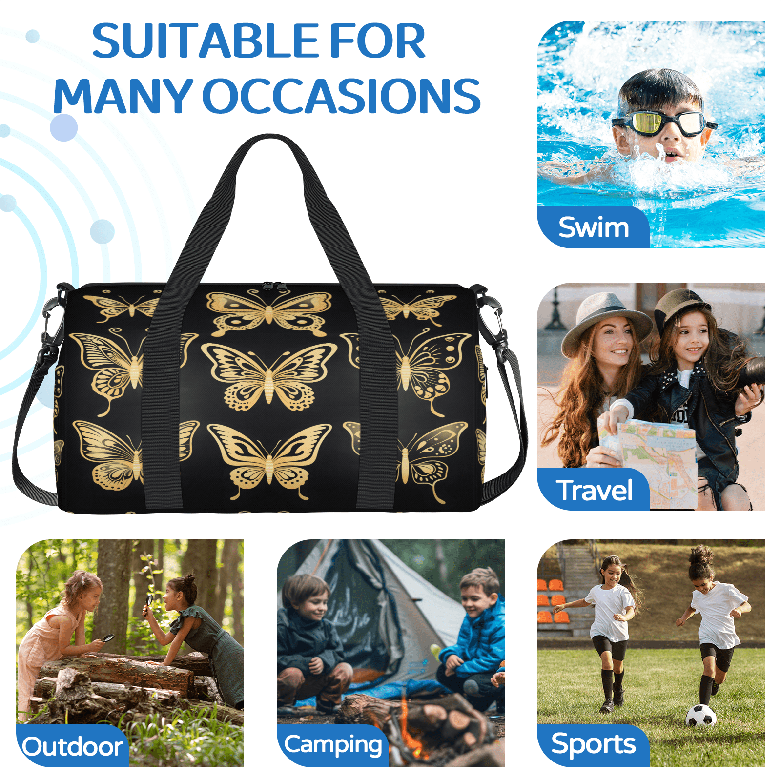 Herdesigns Gold Butterfly Travel Duffle Bag Sports Yoga Weekender Overnight Carry on Workout Bags Lightweight Waterproof Gym Tote Bag for Women
