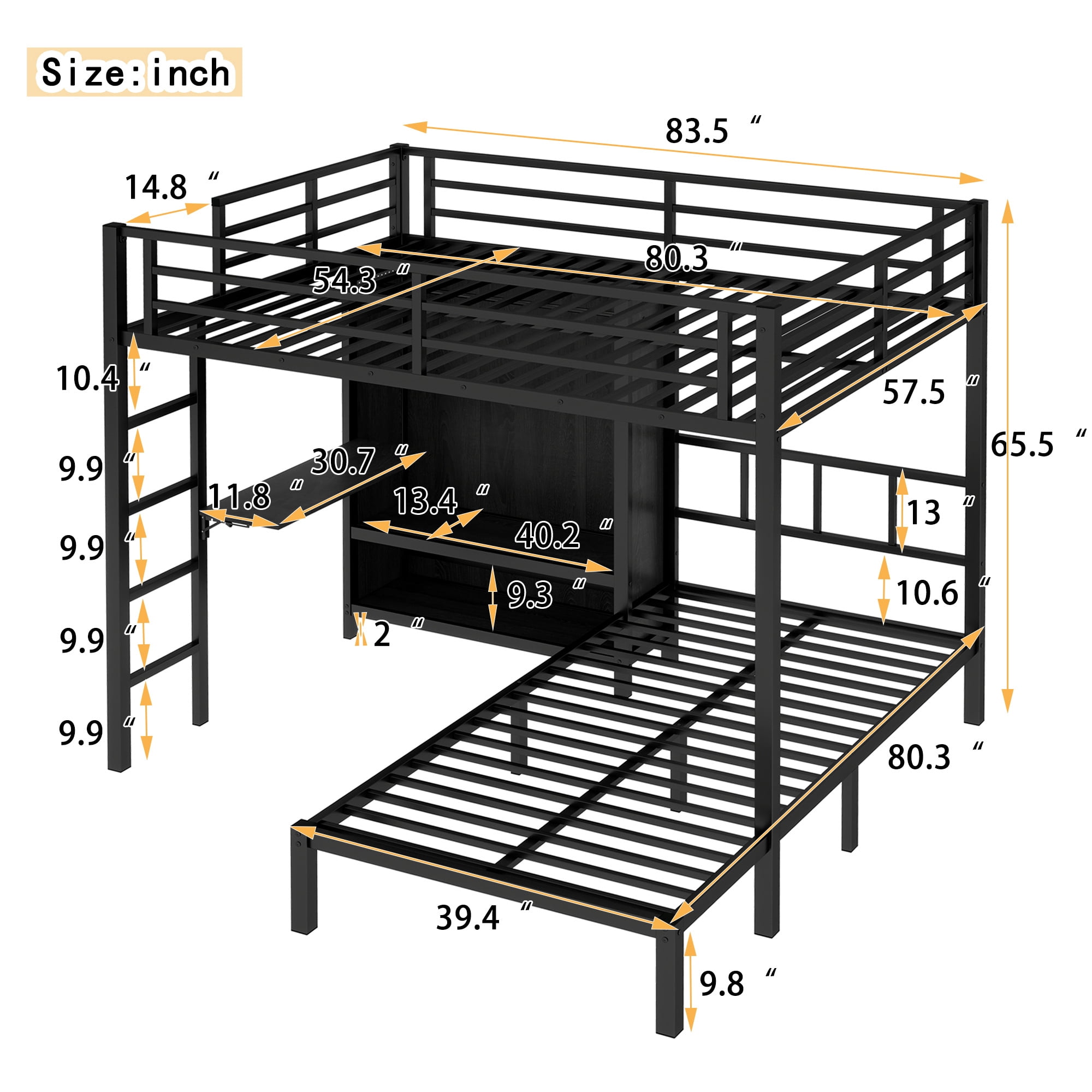Full XL Over Twin Bunk Bed, Metal Bunk Bed Frame with Folding Desk, Closet with LED,Space-Saving/Noise Reduced, Black