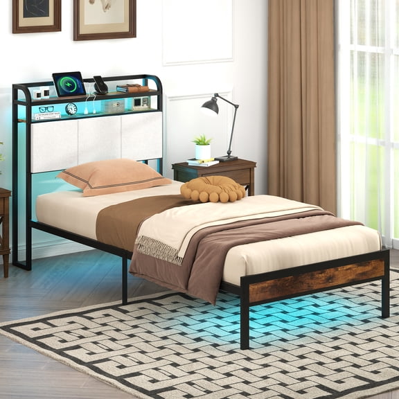 Gymax Twin Size Bed Frame w/LED Light & Charging Station Heavy Duty Metal Platform Bed