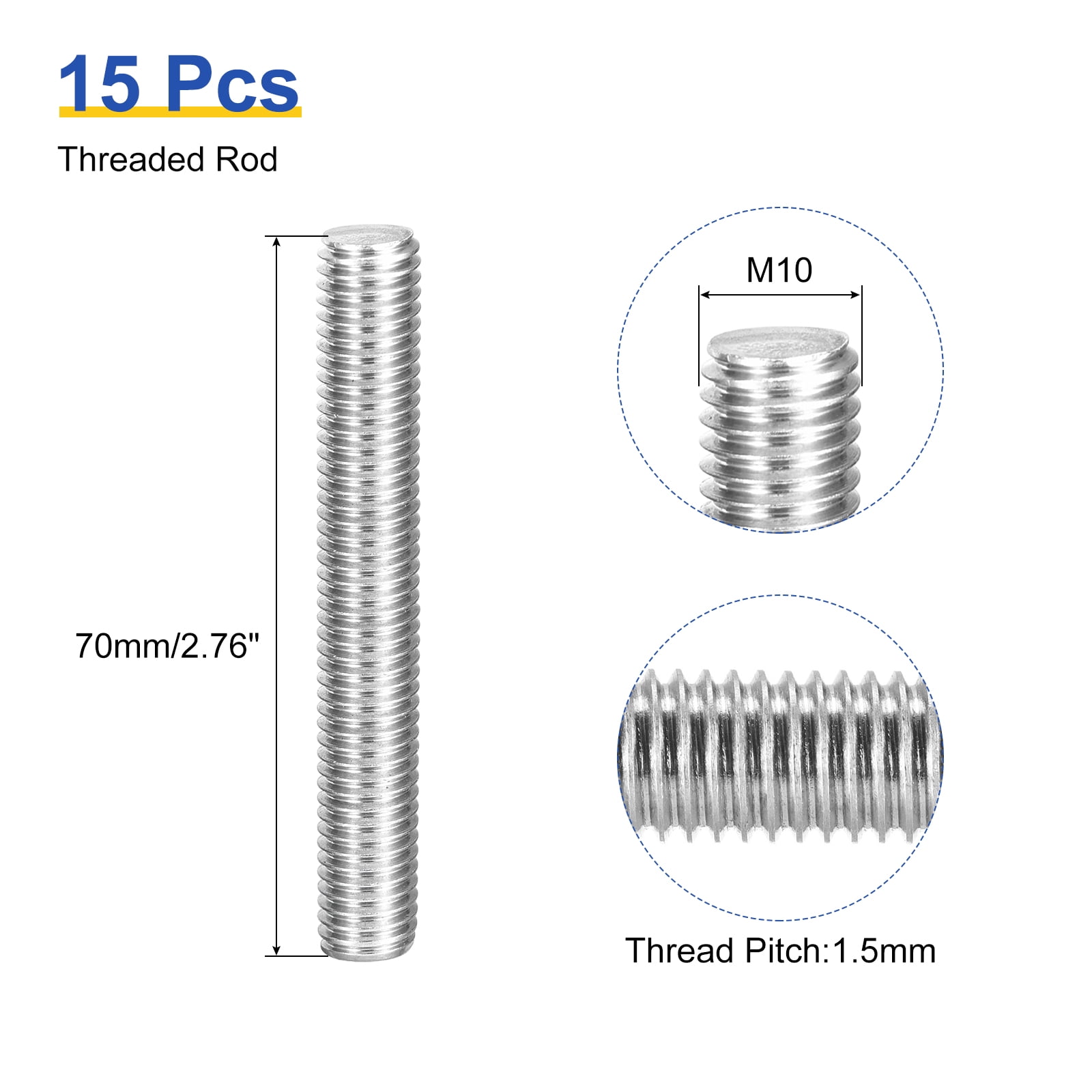 Uxcell 15Pack M10 x 70mm Fully Threaded Rod Right Hand Threads,1.5 Thread Pitch