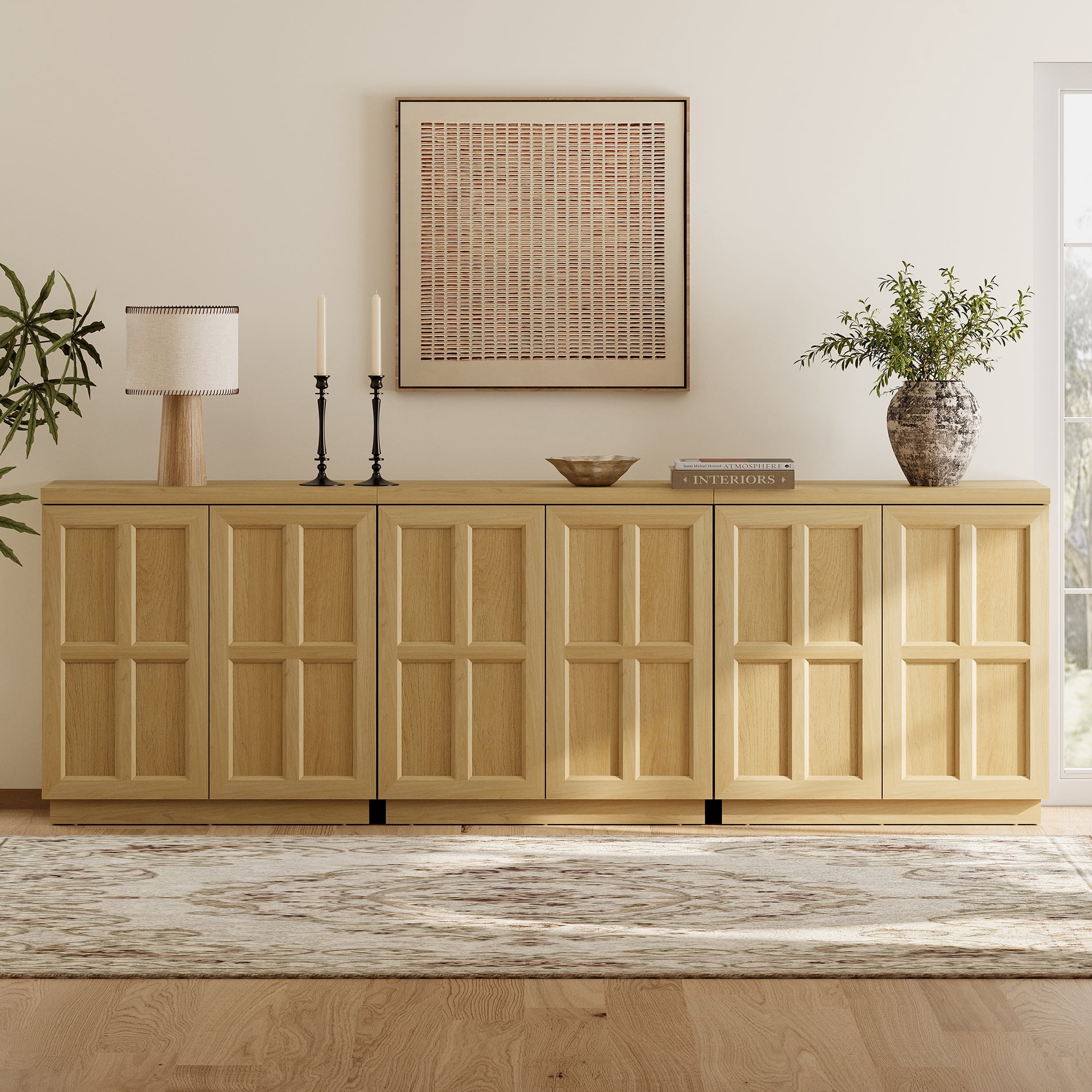 HOMOOI 3-in-1 Sideboard Buffet Cabinet with Cabinets and Adjustable Shelves,Boho 94.5" Heavy-Duty Wood Coffee Bar Cabinet,Modern Console Table for Kitchen, Dining Room, Living Room,Oak