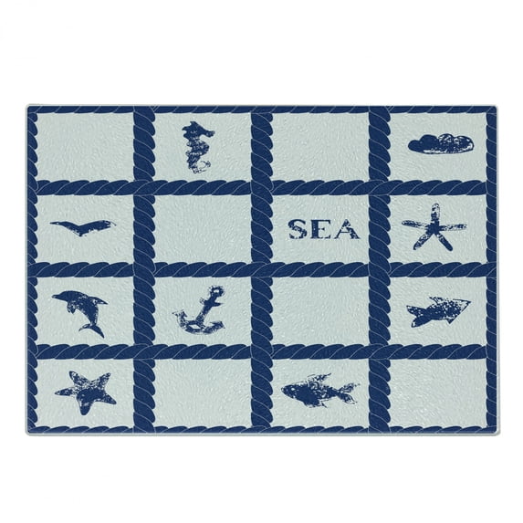 Navy Blue Cutting Board, Navy Yacht Vessel Rope Used as Frame with Starfish Fish and Anchor Image, Decorative Tempered Glass Cutting and Serving Board, Small Size, Navy Blue and White, by Ambesonne
