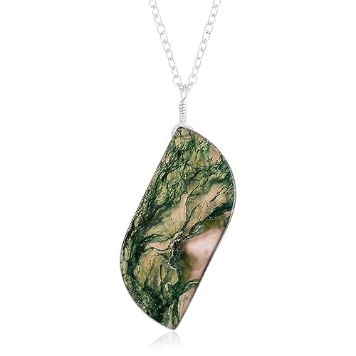GEMSLOGY Natural Moss Agate Crystals Pendant Necklace, Fancy Cabochon Gemstone, Energy Healing Crystals, Birthday, Gift for Her, Gemstone Jewelry 18 inch AAA  Quality (MOSS D)