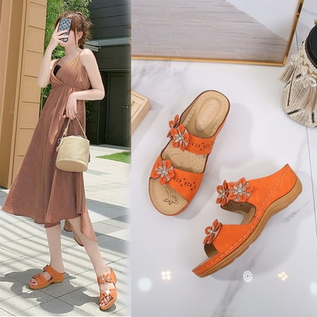 

JNGSA Dearfoam Slippers Slippers Women Sandals Summer Shoes Plus Size Casual Flower Vintage Wedge Heel Slippers Sleepers Womens Slippers