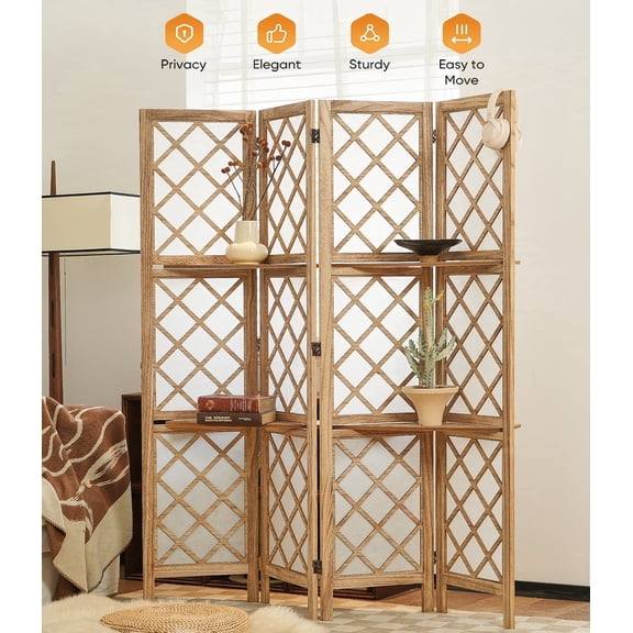 Jostyle 4 Panel Room Divider Privacy Screen with Storage Shelves Foldable with Natural Paulownia Wood Frame Diamond Pattern Non-Woven Fabric for Living Room, Bedroom, Office Espresso & White